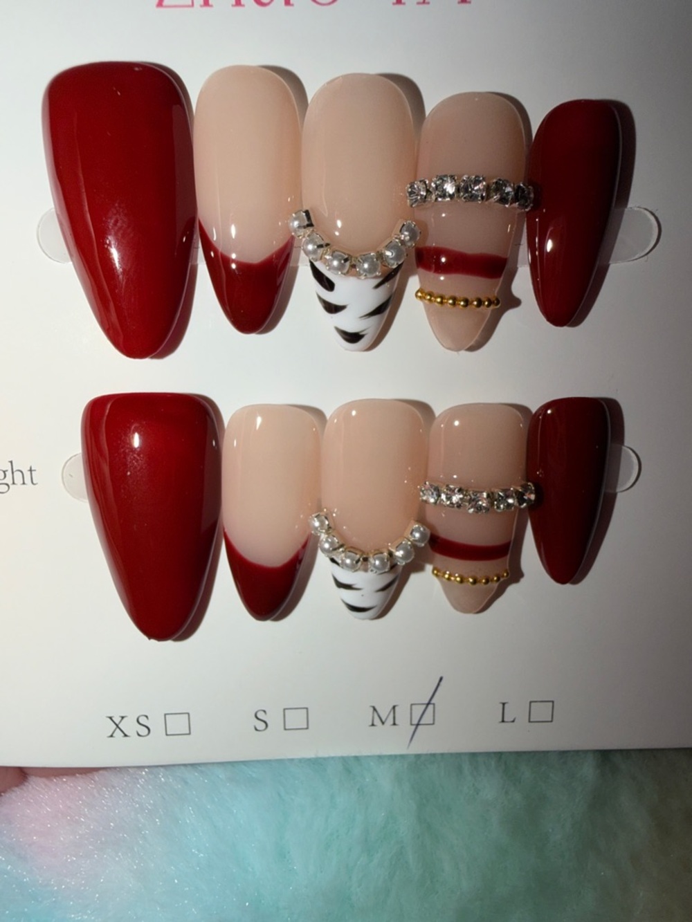 Red & Nude Rhinestone Accent Press-On Nail Set - Women Makeup